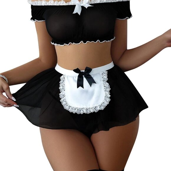 Sexy Stockings Mini Skirt Mesh Sheer Lace Costume Outfit Lingerie with Thong Set - Picture 2 of 4